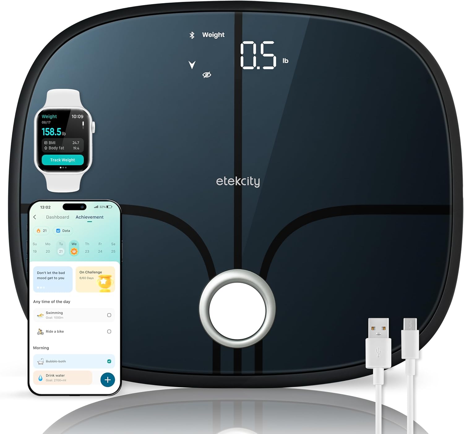 Báscula Inteligente Digital con Bluetooth – Balanza de Baño con BMI, Grasa Corporal, Masa Muscular y 13 Métricas – Compatible con Apple Health, FitBit, Google Fit y Samsung Health – Capacidad 180kg / 400lb